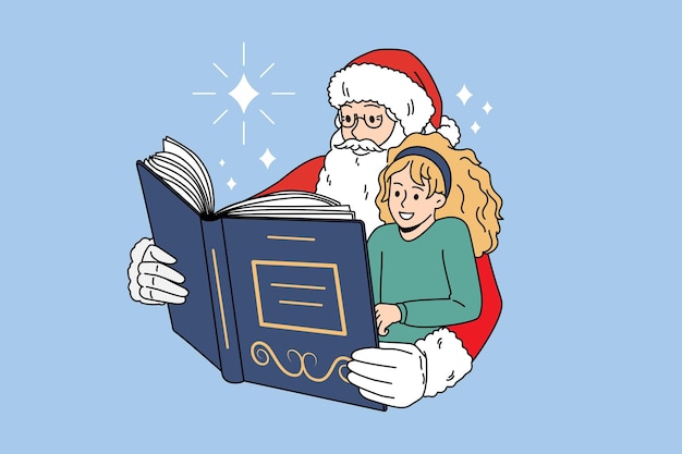 Le père noël et la petite fille lisent un livre ensemble
