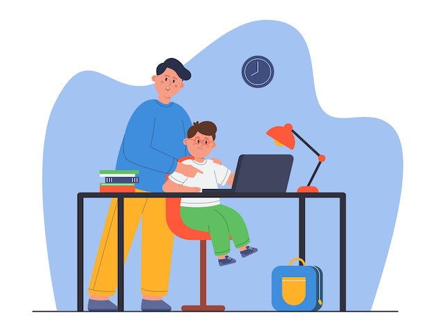 Père et petit fils regardant un ordinateur portable et lisant pendant les devoirs. papa donne de l'aide pour les tâches de cours à l'enfant et lui enseigne à la maison une illustration vectorielle à plat. famille, concept d'éducation