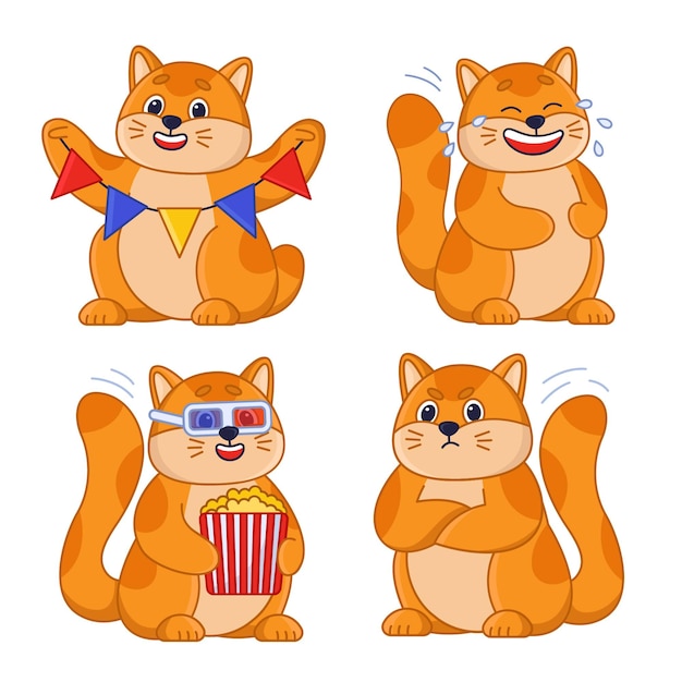 Personnage De Chat De Dessin Animé Rire Se Fâcher En Regardant Un Film Manger Du Pop-corn Tenant Un Ensemble De Guirlandes