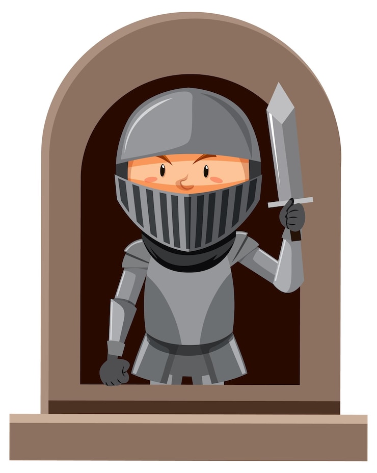 Vecteur gratuit personnage de chevalier fantastique près de la fenêtre sur fond blanc