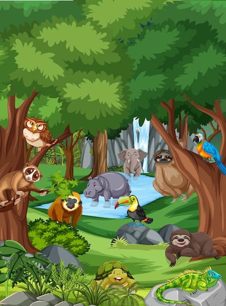 Vecteur gratuit personnage de dessin animé animal sauvage dans la scène de la forêt