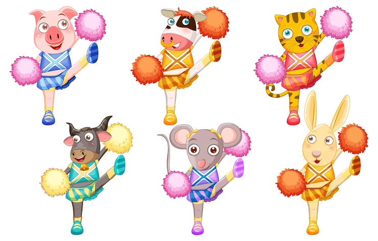 Vecteur gratuit personnage de dessin animé d'animaux de pom-pom girl différents