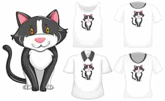 Vecteur gratuit personnage de dessin animé de chat avec ensemble de chemises différentes isolé sur fond blanc