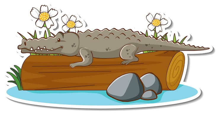 Vecteur gratuit un personnage de dessin animé d'un crocodile sur un autocollant en bois de bûche