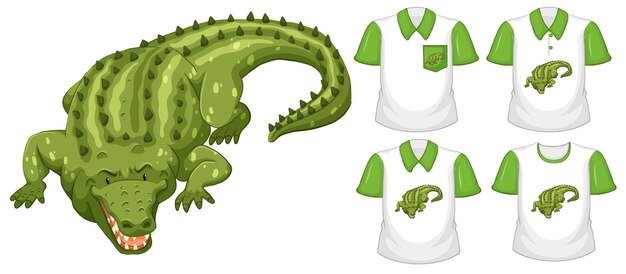 Personnage de dessin animé de crocodile vert avec de nombreux types de chemises sur fond blanc