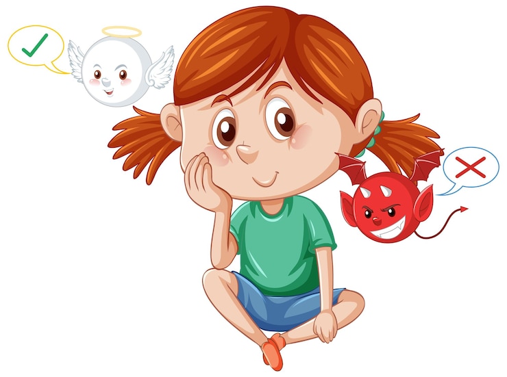 Vecteur gratuit personnage de dessin animé avec le diable et l'ange se battant dans la pensée