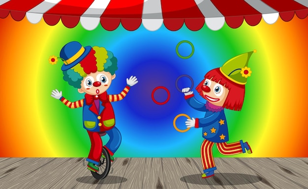 Personnage de dessin animé drôle de clowns sur fond dégradé arc-en-ciel