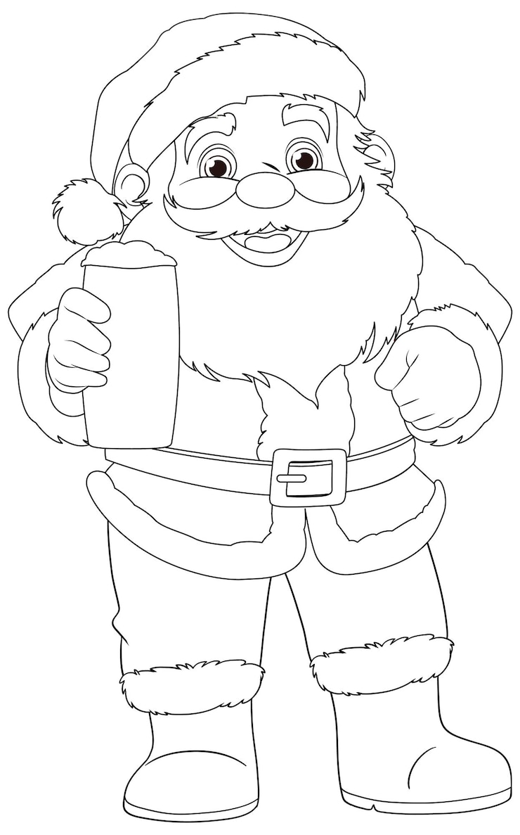 Vecteur gratuit le personnage de dessin animé du père noël souriant tenant une pinte de bière