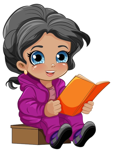 Vecteur gratuit personnage de dessin animé d'une fille mignonne qui lit un livre