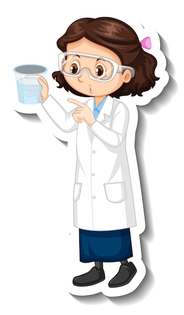 Personnage de dessin animé de fille scientifique avec objet d'expérience scientifique