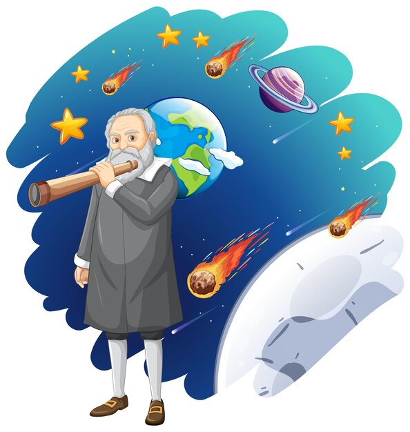 Personnage de dessin animé de Galileo Galilei sur le fond de l'espace