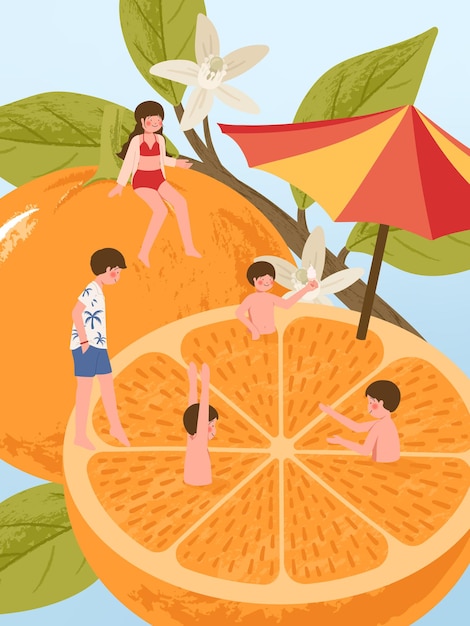 Personnage de dessin animé de jeunes sur des fruits orange frais pendant les vacances d'été