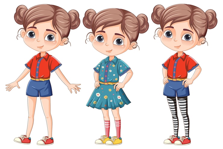 Vecteur gratuit personnage de dessin animé de jolie fille dans une tenue différente