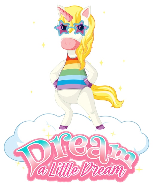 Vecteur gratuit personnage de dessin animé de licorne avec dream une petite bannière de police de rêve