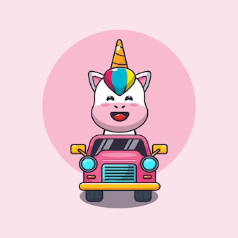 Personnage de dessin animé de mascotte de licorne mignon en voiture