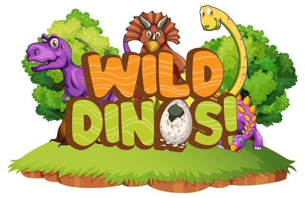 Vecteur gratuit personnage de dessin animé mignon de dinosaures avec la conception de polices pour le mot wild dinos