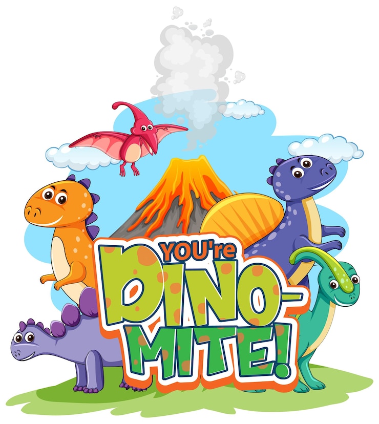 Vecteur gratuit personnage de dessin animé mignon de dinosaures avec votre bannière de police dino-mite