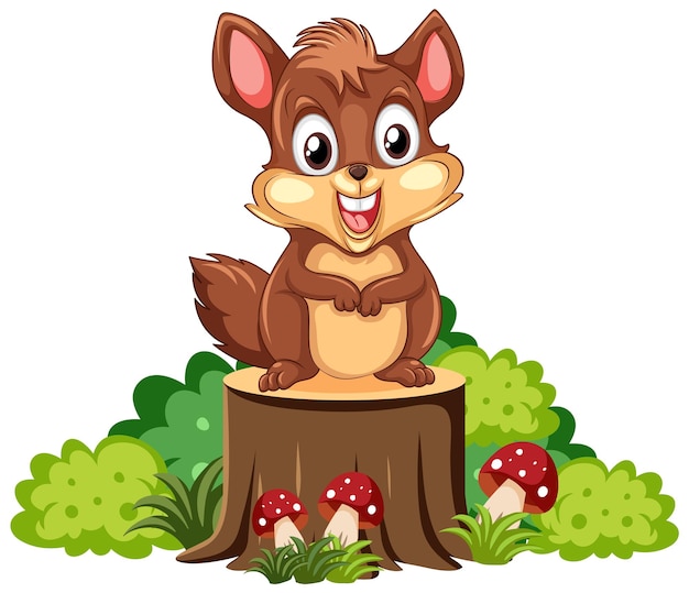 Personnage de dessin animé mignon écureuil debout sur une souche d'arbre