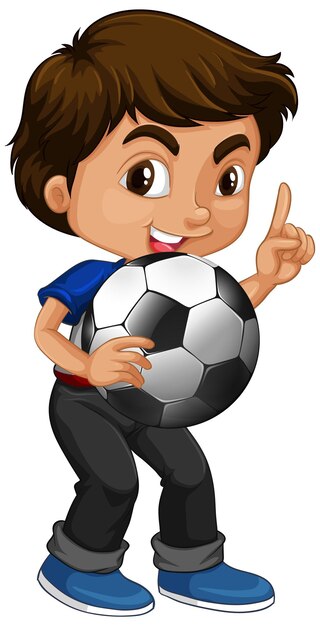 Personnage de dessin animé mignon jeune garçon tenant le football