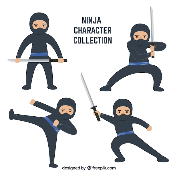 Vecteur gratuit personnage de dessin animé ninja dans différentes poses