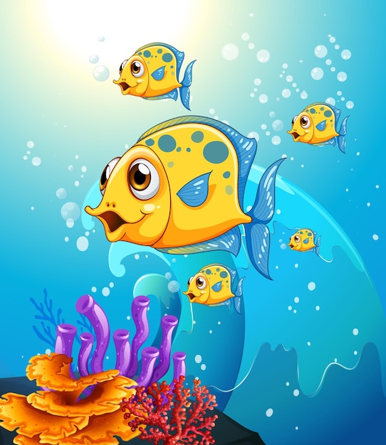 Personnage de dessin animé de nombreux poissons exotiques dans la scène sous-marine avec des coraux