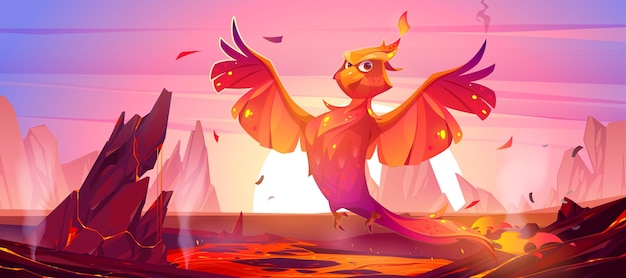 Vecteur gratuit personnage de dessin animé d'oiseau de feu phoenix ou fenix dans un paysage volcanique avec lave et lever de soleil. créature magique fantastique au plumage brûlant rouge. animal de conte de fées, symbole de la renaissance, illustration vectorielle