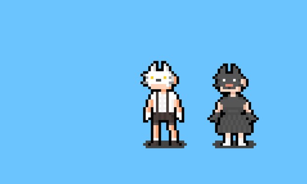 Personnage De Dessin Anime Pixel Art Garcon Et Fille Portant Le Masque De Chat Vecteur Premium