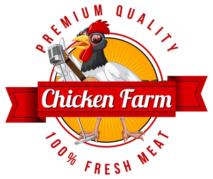 Vecteur gratuit personnage de dessin animé de poulet chanteur avec bannière de ferme de poulet