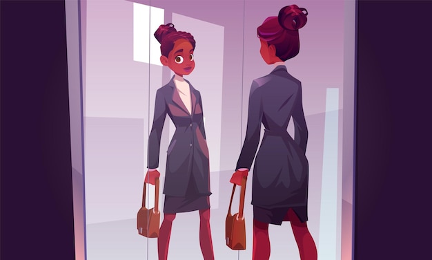 Personnage De Femme Africaine Noire Regarder Dans Le Vecteur Miroir Leadership De Beauté Fille En Costume D'affaires Debout Au Bureau Gestionnaire De Femme D'affaires Intelligente Afro-américaine Ou Professeur Confiant En Jupe Tenant Le Sac