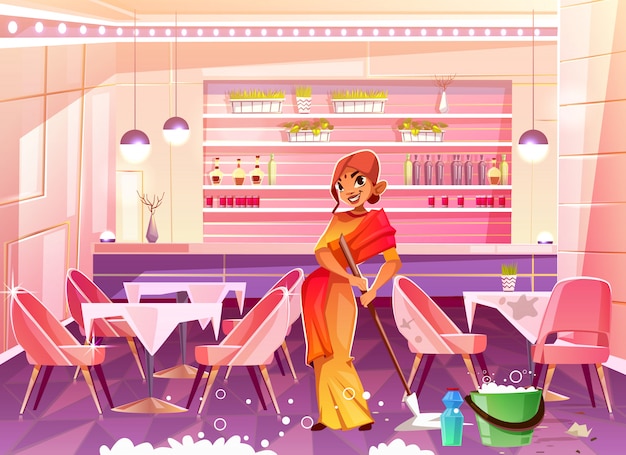 Personnage De Femme Indienne En Vêtements Ethniques, Avec Vadrouille Dans Les Mains, Laver Le Sol, Nettoyage Café