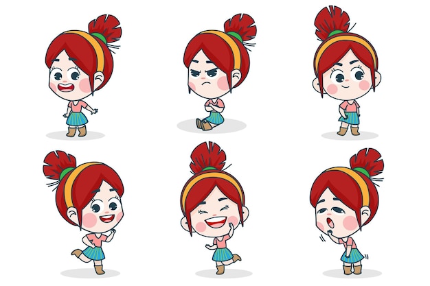 Vecteur gratuit personnage de jeune fille intelligente avec différentes expressions faciales et poses de main.