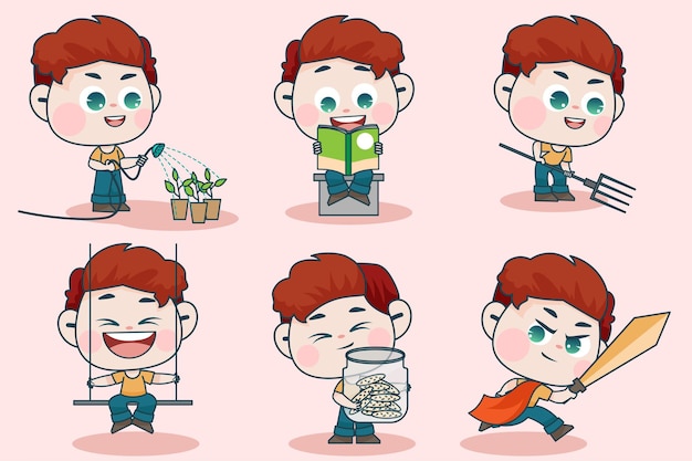 Vecteur gratuit personnage de jeune garçon intelligent avec différentes expressions faciales et poses de main.