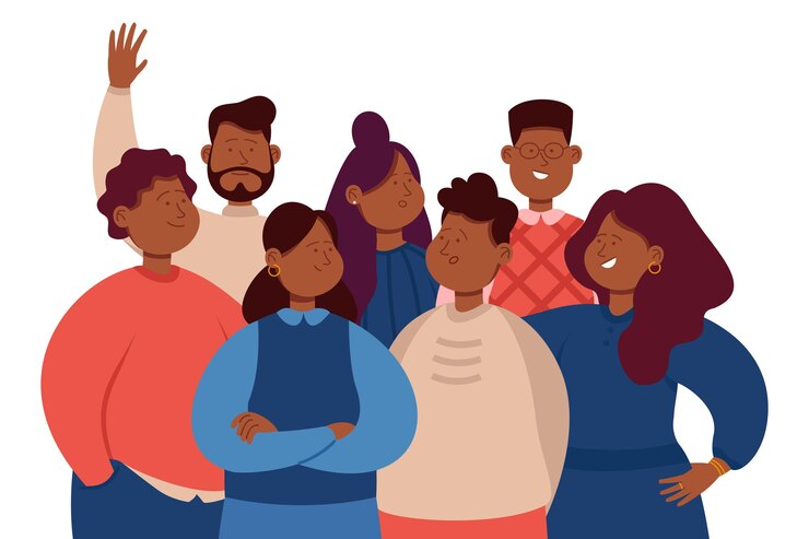 Vecteur gratuit personnage masculin et féminin africain portant des vêtements décontractés et différentes coiffures réunies. les noirs se pressent pour réclamer l'égalité des droits pour chaque personne illustration vectorielle plane. notion de communauté noire