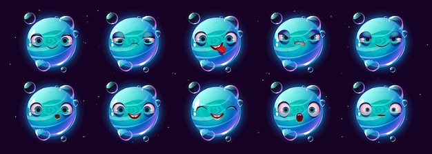 Le Personnage Mignon De La Planète Bleue Fait Face à Un Ensemble De Dessins Animés Emoji