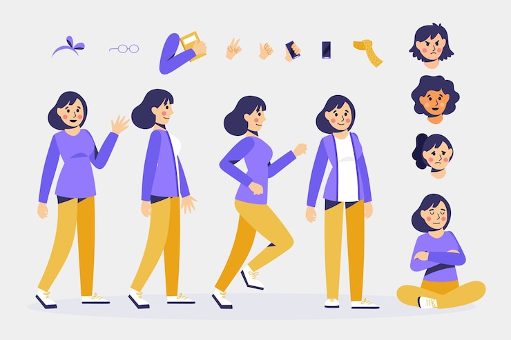 Vecteur gratuit le personnage pose avec différents objets