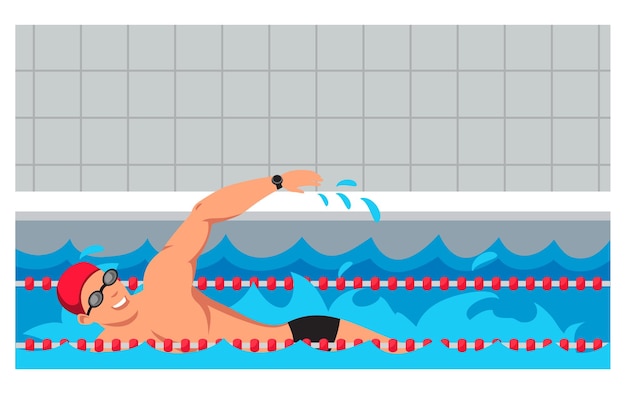 Vecteur gratuit personnage sportif en chapeau et lunettes en caoutchouc nageant la brasse style de nage dans la piscine entraînement professionnel de nageurs masculins