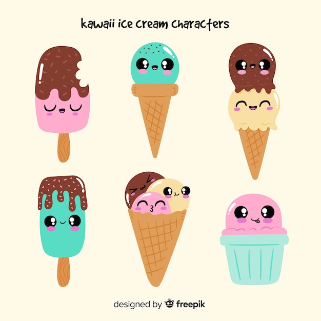 Vecteur gratuit personnages de la crème glacée kawaii