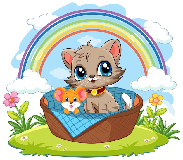 Vecteur gratuit personnages de dessin animé chat et souris assis dans le panier