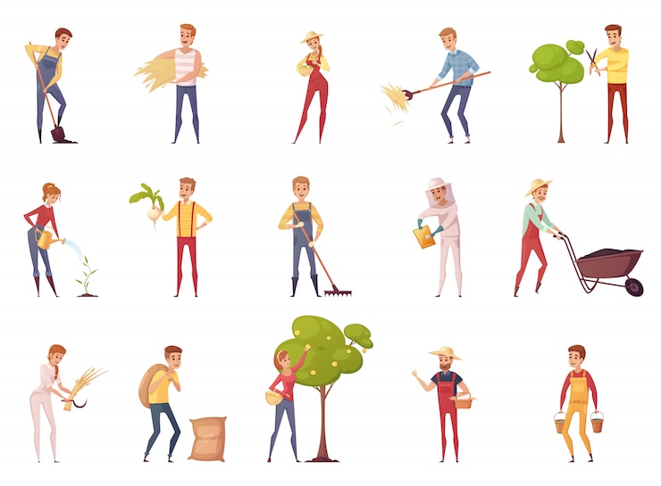 Vecteur gratuit personnages de dessin animé de jardinier paysan agriculteur