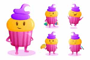 Vecteur gratuit personnages de dessins animés de cup cake avec des poses émotionnelles et des outils