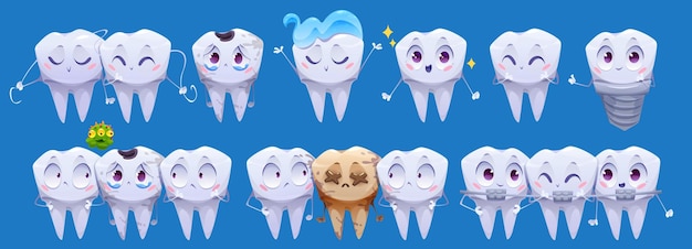 Vecteur gratuit personnages de dessins animés de dents dent propre et sale