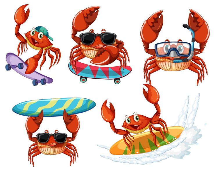 Vecteur gratuit personnages de dessins animés drôles de crabe dans le thème de l'été