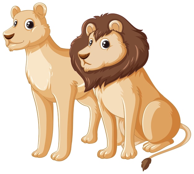 Vecteur gratuit personnages de dessins animés isolés lion mâle et femelle