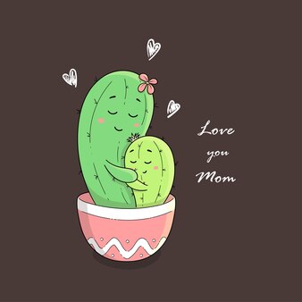 Personnages de dessins animés mignons cactus maman et bébé dans un pot câlin fête des mères l'amour de la mère et de l'enfant