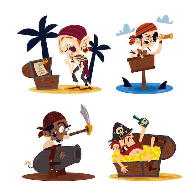 Vecteur gratuit personnages de dessins animés rétro dessinés à la main avec des pirates