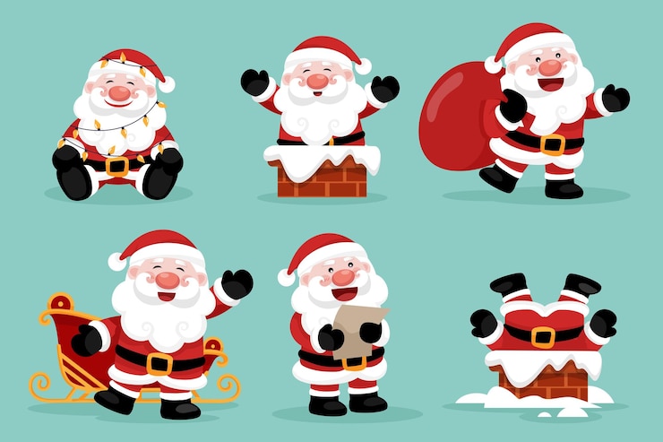 Vecteur gratuit personnages du père noël dans diverses poses et scènes élément de découpe joyeux noël