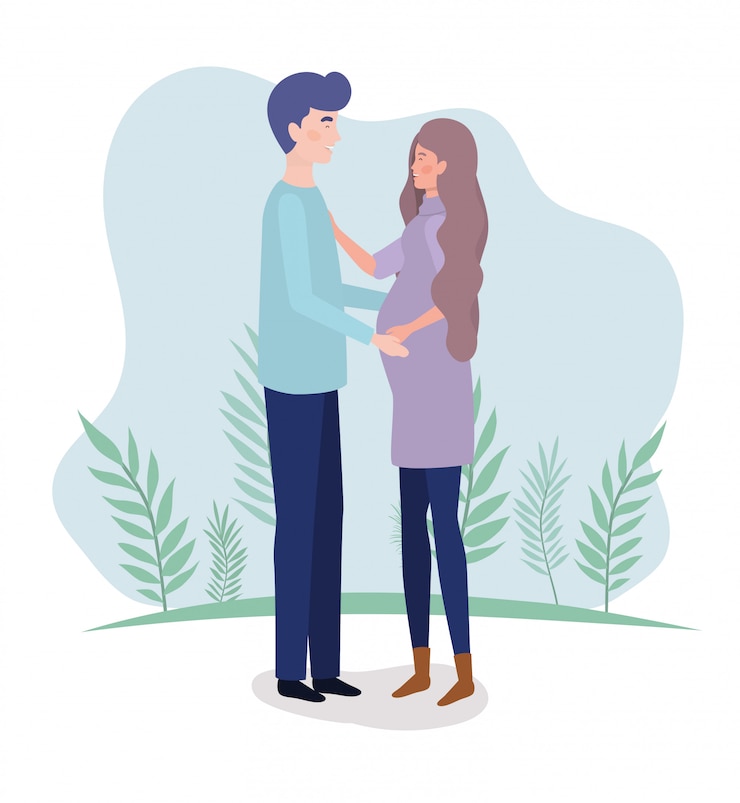 Vecteur gratuit personnages de grossesse couple amoureux mignons dans le paysage