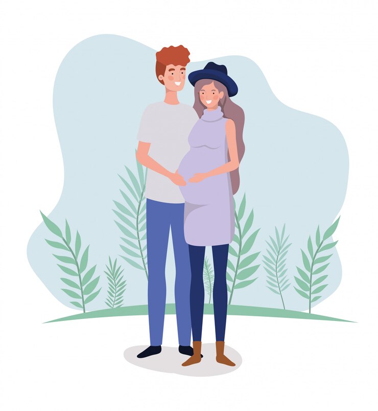 Vecteur gratuit personnages de grossesse couple amoureux mignons dans le paysage