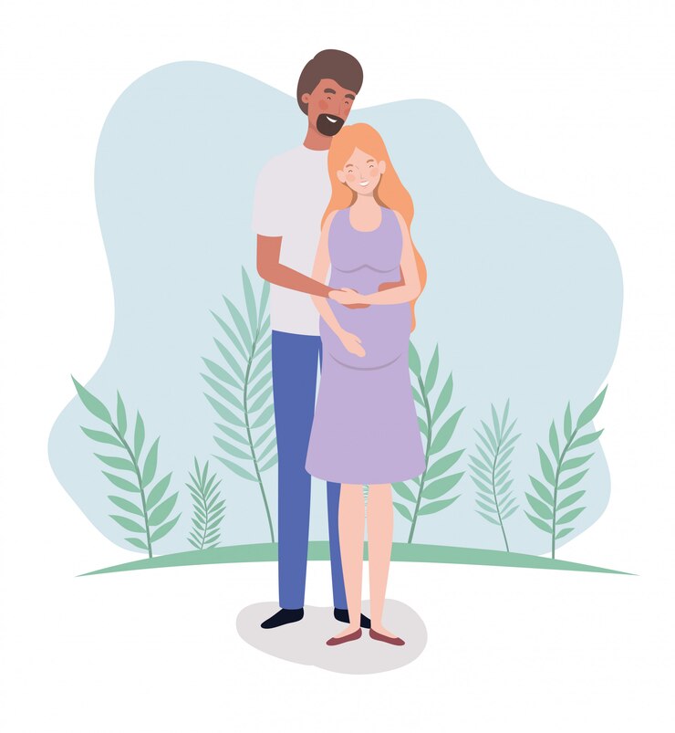 Vecteur gratuit personnages de grossesse couple amoureux mignons dans le paysage