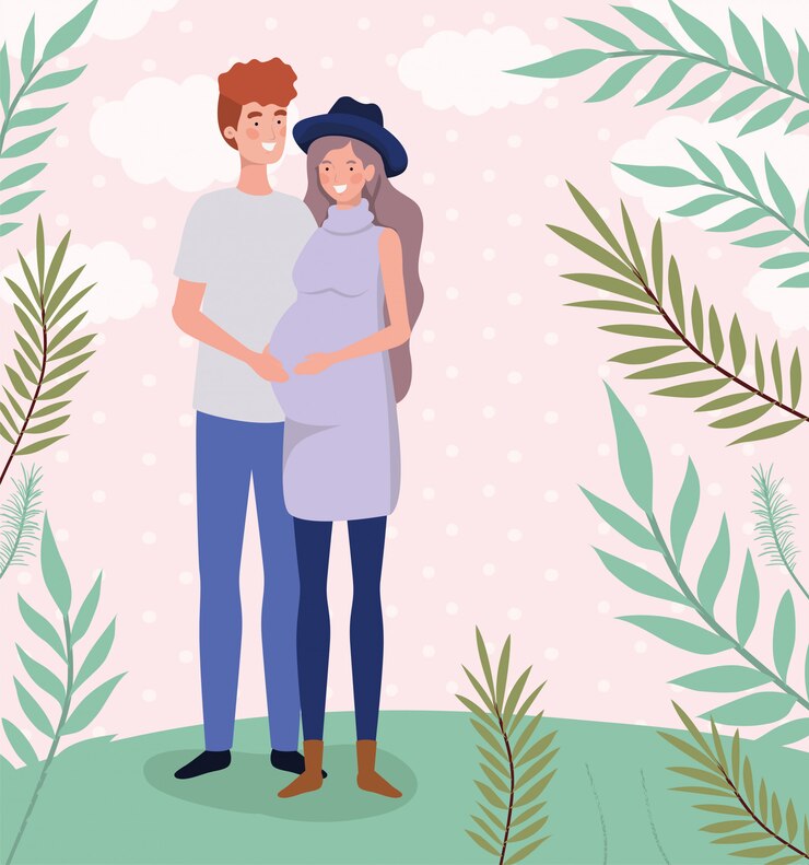 Vecteur gratuit personnages de grossesse couple amoureux mignons dans le paysage